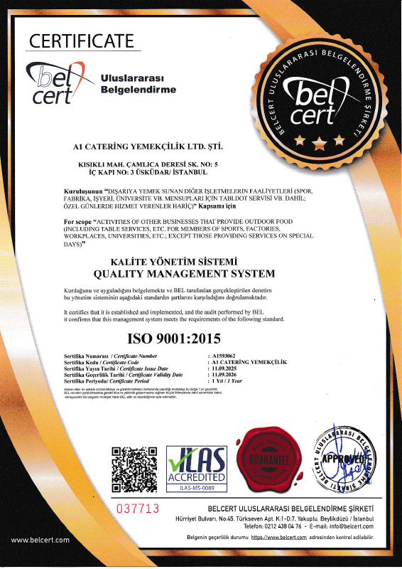 A1 Catering Sertifika ISO 9001:2015 Kalite Yönetim Sistemi