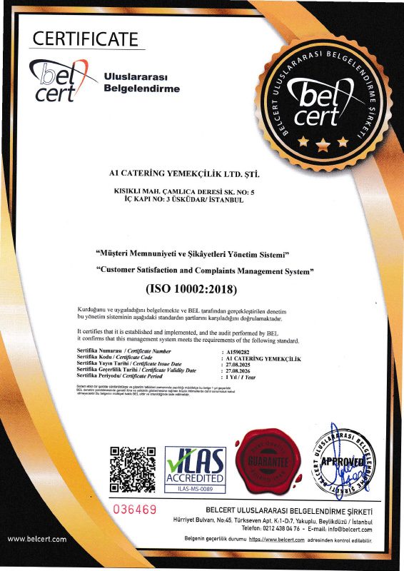 A1 Catering Sertifika ISO 10002:2018 Müşteri Memnuniyeti ve Şikayet Yönetim Sistemi